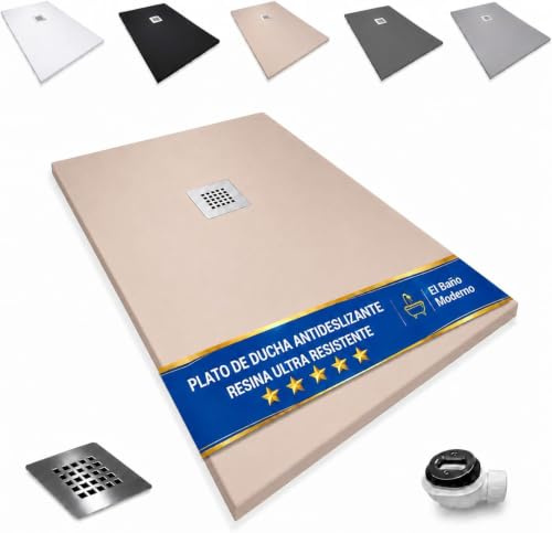 EL BAÑO MODERNO Plato Ducha 80x80CM Antideslizante Antibacteriano | Resina Resistente a Agentes Químicos · Incluye Rejilla Desagüe Ducha · Válvula Sifón · Color Beige