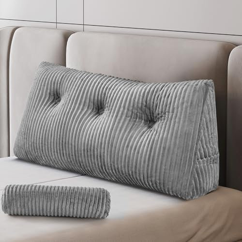 Z-hom Bücherkissen, Keilkissen, Lesekissen Für Bett Und Sofa, Cozy Rückenkissen, Praktisches Seitenfach, Removable Cover, Mit Rundem Kopfkissen (Hellgrau, 100 * 50 * 20cm)