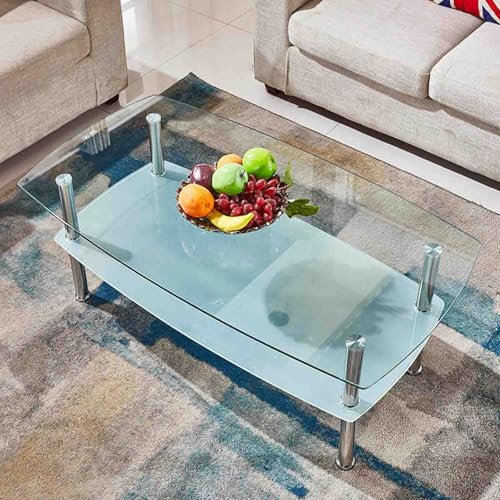 Table Basse en Verre Transparente, Table Basse Rectangulaire Moderne à 2 Niveaux, Table de Canapé Minimaliste élégante, Table D'appoint Industrielle pour Salon, Maison, Bureau, Réception(White,110x60c