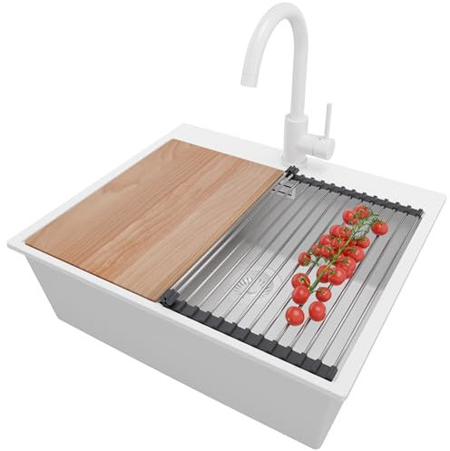 PRIMAGRAN Fregadero Granito Todo Blanco 58x50cm, Fregadero Cocina 1 Seno + Sifón + Grifo 32x20cm + Accesorios, Fregadero Granito sobre encimera al mueble 60cm - Oslo