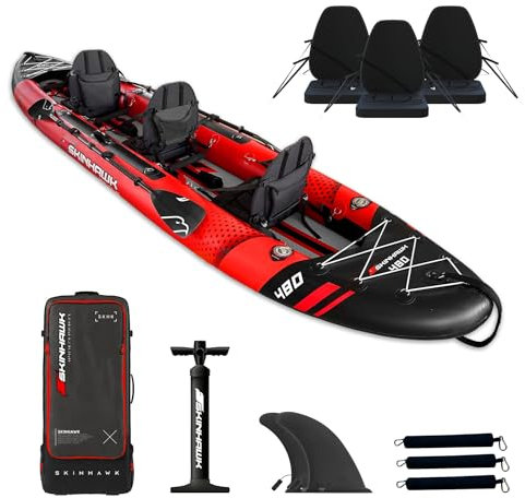 SKINHAWK Exclusiv Rot Kajak Set 480 – Schlauchboot – Kanu - 480 x 96 cm - 3 Personen Kajak