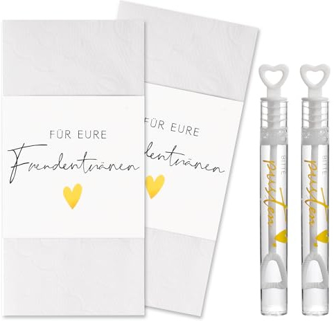 50 Stück Hochzeitsset – Freudentränen Banderolen & Seifenblasen Aufkleber – Bitte pusten – Gastgeschenke für Hochzeit Deko
