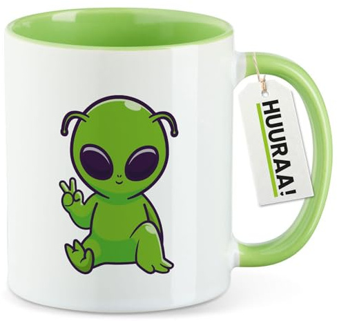Huuraa Kaffeetasse Alien Comic Geschenk | Motivtasse 330ml Grün Keramik Tasse mit Spruch Kaffeebecher Geschenkidee Becher mit Motiv