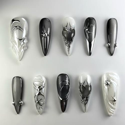 GlamRays 24 Stück Schwarze Katzenaugen Mandel-Falschnägel mit 3D-Kristall-Design, 3D-Nagelkunst, Aufkleber-Nägel,Luxus Wiederverwendbare Falschnägel