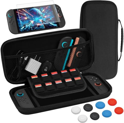 PALPOW Carrying Case and Screen Protector for Nintendo Switch 2,Hard Shell Travel Carry Slim Case with 10 Game Card Slots,Tempered Glass,8 Thumb Grips,10 in 1 Accessories Kit for Switch 2 Console