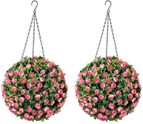 CHRISTOW Pair of Artificial Rose Topiary Balls, 28cm Faux Leaf Hanging Ornaments, Pink & White Flowers, Decorative Outdoor Garden Plants, Lifelike Foliage, UV Protected, Pre-Attached Chain with Hook