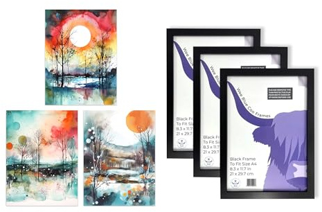 Artery8 Winter Countryside Wall Art - Set of 3 A4 Sized Art with Black Frames - Landscape Watercolour Paintings Sun and Moon Dawn and Sunset Snow