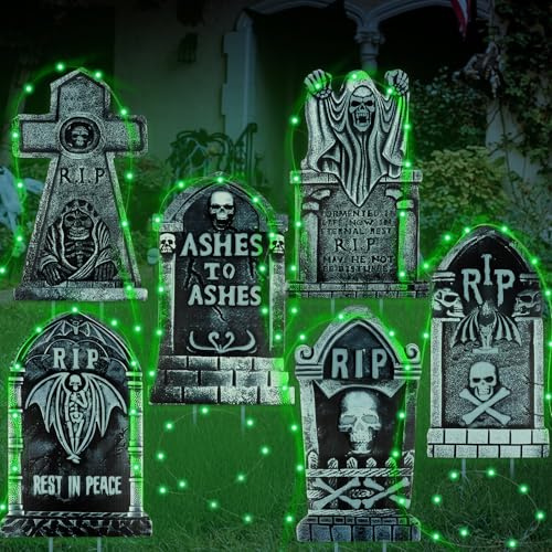 Larber 6 Stück Halloween Grabsteine Deko mit 6 Stück 3 Meter Lichterkette, 42cm Wasserdichtes Friedhof Dekorationen Halloween Deko Outdoor für Garten Horror Deko