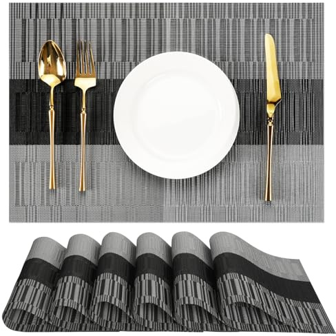Chitomars Tischsets abwaschbar, Platzsets abwaschbar PVC Platzdeckchen | 6er Set Tischsets Outdoor Vinyl hitzebeständig Gewebte Platzdeckchen für Häuser Restaurants Hotel (Grau Schwarz, 6er Set)