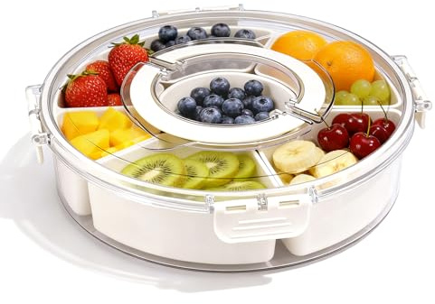 Snack Tray Rotating Snack Box Container,Divided Serving Tray with Lid and Handle,360° Rotating Food Containers with 6 Compartments,Stackable,Fridge Storage Container,for Fruits,Veggies,Candy (11 inch)
