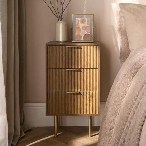 OHS 3 Drawer Bed Side Table for Bedroom Living Room, Decorative Ribbed Wooden Nightstand Slim Bedside Table Large Storage Bedside Drawers, Dark Wood - 64 x 36 x 24cm