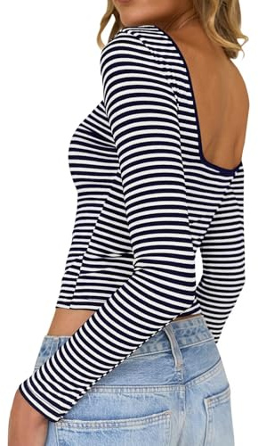 TUUHAW Women Tops Backless Long Sleeve Striped Slim Fitted Boat Neck Sexy | Elegant Going Out Top, Dressy Casual T Shirts, Basic Y2K Crop Tops, Lightweight Cute Ladies Blouse, Spring for Daily Wear