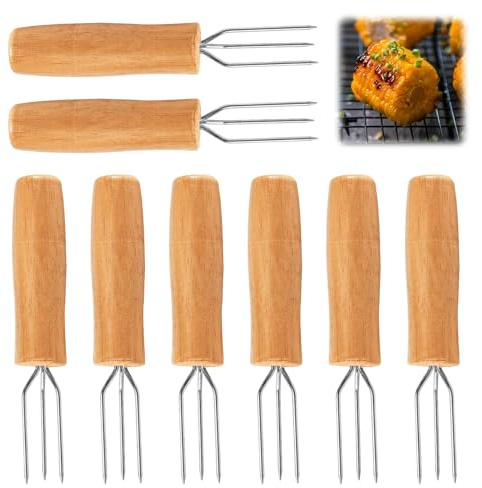 Tulov Pack of 8 jacket potato forks with 3 teeth, high-quality chocolate fork, potato fork made of stainless steel, corn fork, beech wood handle for vegetables, corn on the cob and grilled food