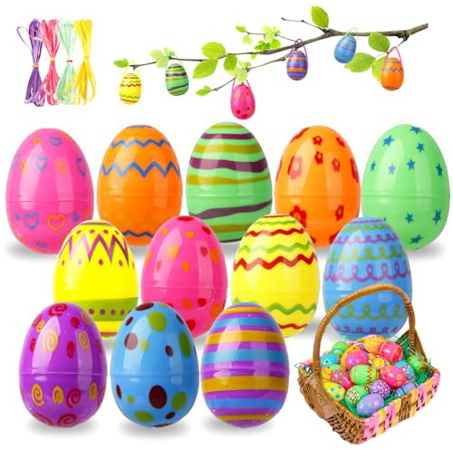 Lot de 36 œufs de Pâques à suspendre - Imprimés avec rubans - Coquilles d'œufs vides en plastique - Remplissables - Pour la chasse de Pâques - Décoration d'arbre de Pâques - Cadeau surprise - Pour