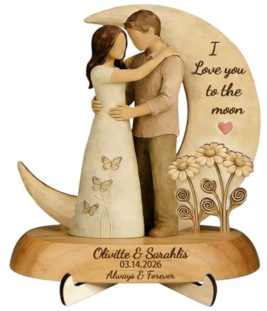 Personalized I love you to the moon and back Moon Valentines Couple Wooden Sign Plaque Desk Figurines, Custom Valentines Day Couple Wood Plaque Figurines Gifts for Him Her