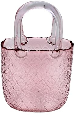 Blumenvase, Dekovase, Pflanzenvase, Tischvase, Glasvase, Blumenvase als Handtasche, Handtaschenvase aus Glas, in rosé mit Henkel, Größe: L/B/H 15 x 10 x 24 cm.