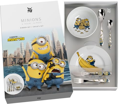 regalo grabado Cubiertos Infantiles Personalizados Vajilla Minions +3 Años | Set de 6 cubiertos y vajilla infantil de acero inox y porcelana, Grabado de nombre y fecha, Apto para mayores de 3 años
