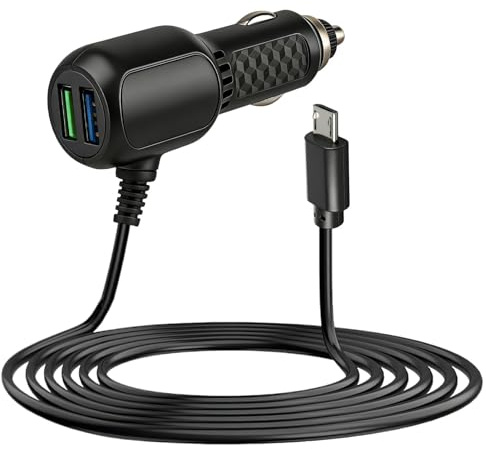 Dash Cam Power Lead Micro USB, 12V to 5V Car Charger with 2 USB Ports (DC 3.1A / QC 3.0 Fast Charging), Car Cigarette Lighter with 3.5M Dash Cam 2A Cable for Sat Navs GPS Navigation DVR Phone Tablet