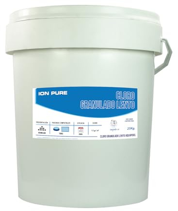 ION PURE Cloro Granulado 25 kg para Piscinas, Tricloro 90% de Cloro Útil, Disolución Lenta, Desinfección y Mantenimiento de Agua Cristalina
