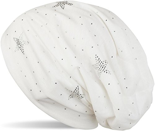 styleBREAKER Beanie Mütze mit Strass Sterne und All Over Strasssteine, Slouch Longbeanie, Damen 04024116, Farbe:Weiß