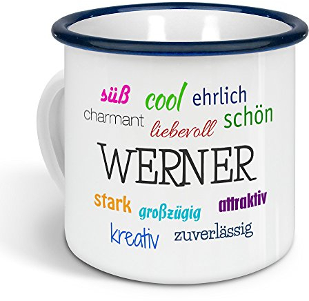 printplanet - Emaille-Tasse mit Namen Werner - Metallbecher mit Design Positive Eigenschaften - Nostalgie-Becher, Camping-Tasse, Blechtasse, Farbe Blau, 300ml