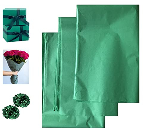 VEZODEK Seidenpapier Verpackungsmaterial zum Verpacken | 30 Blatt 50x75 cm für Blumen, Hochzeiten, Geschenktüten, Kunsthandwerk, Weihnachten, Pompons (Grün, 30 Blatt 50x75cm)