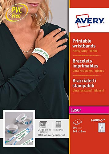 Avery Italia L4000-5 Braccialetti identificativi bianchi ultra resistenti 265x18mm, Laser, confezione 5ff