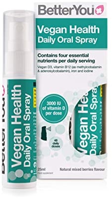 BetterYou Vegan Health Daily Oral Spray, Pill-Free Vitamin Supplement for Vegans, Contains Vitamin D, Vitamin B12, Iron and Iodine, 48-Day Supply, Made in The UK, Natural Mixed Berries Flavour