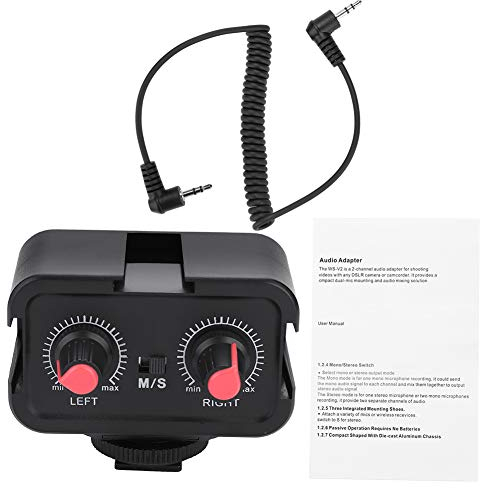 2-Kanal-Kamera-Mikrofon-Audiomixer für DSLR-Kameras, universeller tragbarer Mikrofon-Audioadapter-Mixer mit 3,5-mm-Eingängen, DREI Montageschuhen, Zwei Trimmregler, Zwei Stereo/Mono-Adapter