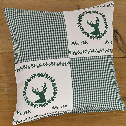 Kissen-Bezug in 40x40 cm für Deko-Kissen Sofa-Kissen - Baumwolle Kissen-Hülle RESI im karierten Landhaus-Stil Hirsch grün weiß - Waschbarer Reißverschluss Zierkissen-Bezug für Couchkissen