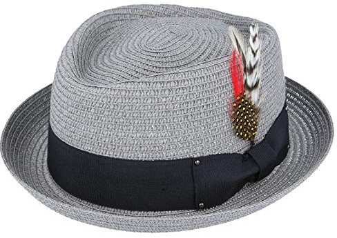 MAZ Summer Straw Diamond Crown Pork Pie Hat - with Adjustable String (Small, Grey)