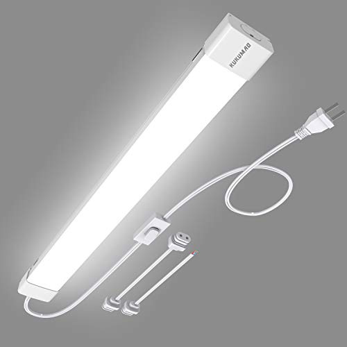 KUKUMAO 5000K Plug in LED Tube Light Fixture, 18W Linkable Cabinet Light for Garage, Kitchen, Bathroom, Closet, Office - 2Ft, Triproof, White