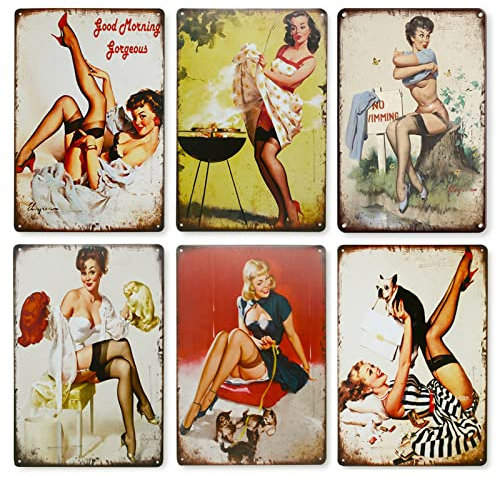 QUMENEY 6 Stück Vintage Wandschilder aus Metall, Sexy Pinup Girl Black Strümpfe Versuchungsmuster Wanddeko Kunst Blechschild für Café Bar Pub Bier (30 x 20 cm / 11,8 x 7,9 Zoll)