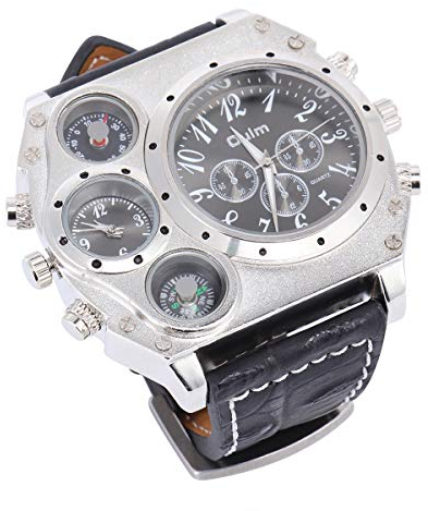 VILLCASE Oulm 1349 wasserdichte Herren Quarz- Armbanduhr mit Zwei Zeitanzeigen und PU- Band/ / Kompass ( schwarz )