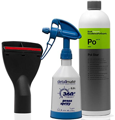 FixedByU Polsterdüse Staubsauger Düse 35mm mit Fadenheber 10 cm breit für Auto, Haushalt + Koch Chemie POL-Star 1L, detailmate Sprühflasche 0,5L (blau)