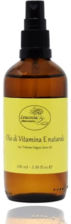 Leucosia Olio di Vitamina E Pura Naturale 100 ml, Trattamento Antietà e Idratante per Viso, Corpo e Capelli, Siero Antiage con Tocoferolo, Vitamina E Liquida contro Rughe, Smagliature e Capelli Crespi