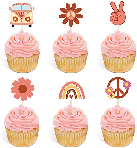 Bymivofun 24 Stück Hippie Party Cupcake Topper, Two Groovy Party Dekorationen, Peace Love Cupcake-Topper, für Blumenmädchen-Geburtstagsfeier, 60er Jahre Thema Boho Rainbow Party Supplies