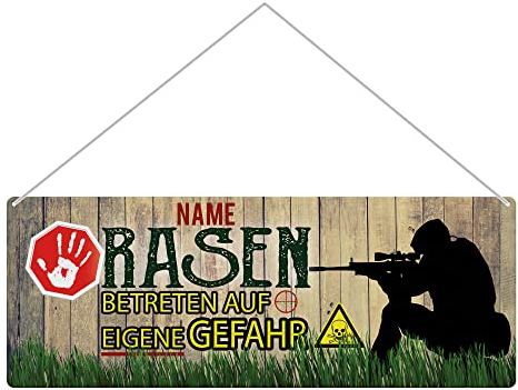 PR Print Royal Gartenschild selbst gestalten - Rasen betreten auf eigene Gefahr - mit Name personalisiertes Metallschild, Geschenk für Gärtner, Outdoorschild aus Aluminium | Wetterfest, 24x9 cm