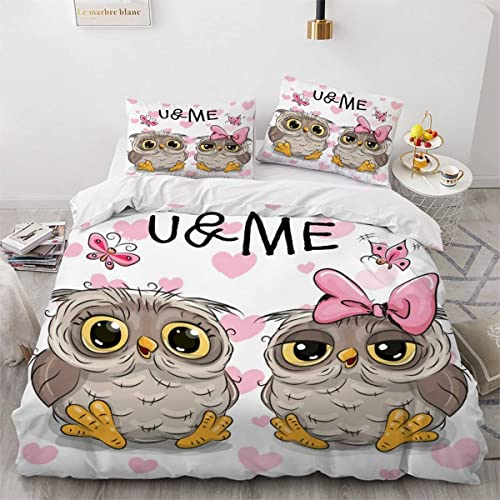 Bettwäsche 155x220 Eule Süß Pflegeleicht Mikrofaser Bettbezug Bettwäsche Set mit verdecktem Reißverschluss und 2 Kissenbezüge 80x80 Schmetterling Rosa Jungen Mädchen Teenager