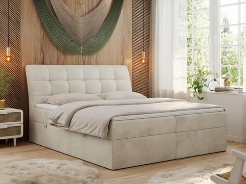 MKS MEBLE Boxspringbett 160x200 Beige Velvet, Bett mit Multipocket Matratze H3 und Topper T25, Polsterbett 120x200 mit Bettkasten und Kopfteil, DIEGOS