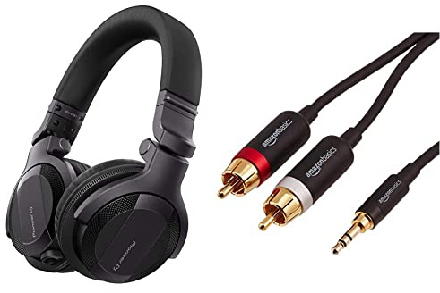 Pioneer DJ HDJ-CUE1, DJ Kopfhörer, Schwarz & Amazon Basics PBH-19821 Cinch-Audiokabel, 3,5-mm-Klinkenstecker auf 2 x Cinch-Stecker, 1,2 m