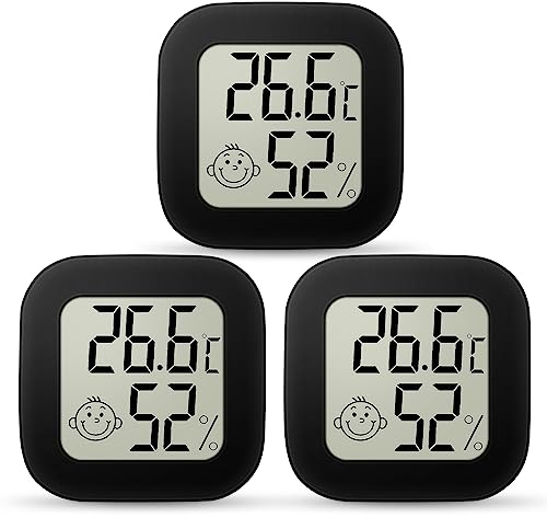 Ainiv Igrometro Termometro Digitale, 3 Pezzi Mini Igrometro Termometro con Emoji per Interni, Termometro Ambiente LCD grande da, Monitor di Temperatura e umidità per Casa, Serra, Stanza, Ufficio, Nero