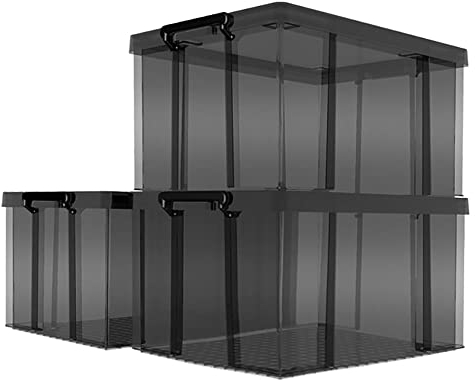 Cetomo 50L*3 Storage Boxes, Stackable Storage Box with Lids, Heavy-Duty Lidded Container with Reinforced Corners, Vertical Sides and Clip Closure, Durable, Plastic, Clear Black, 50L-3Pack