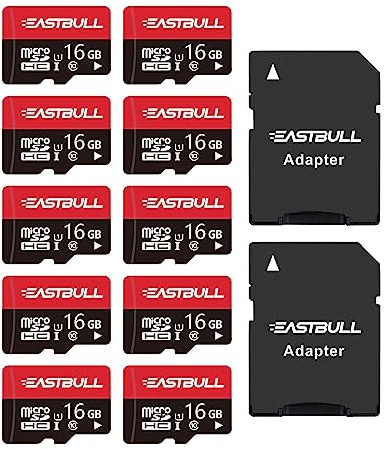 EASTBULL 16GB 10-Pack of Micro SD Cards, SD Memory Cards 16GB SD Cards Pack Full HD Video 90MB/s UHS-I U1 Micro SDHC Class 10 for Surveillance Security Cam (10 Units and 2 Adapters)