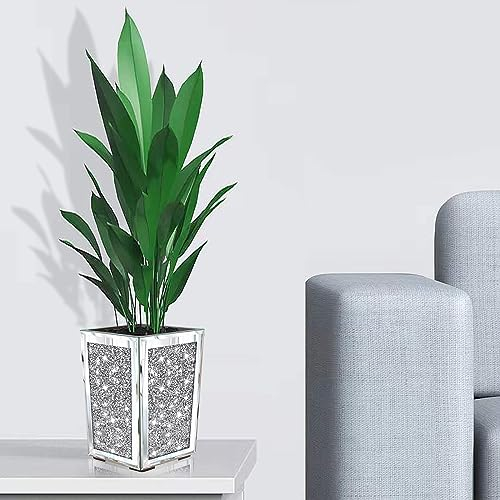 Meetart Crushed Diamond verspiegelter Übertopf, Kristall-Silberglas, dekorativer Spiegel, Luxus-Blumentopf, mit Ablaufloch und Tablett, für alle Zimmerpflanzen, Sukkulenten, Blumen und Kakteen