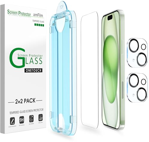 amFilm OneTouch Glas Schutzfolie 2+2 Stück Kompatibel mit iPhone 15 Plus (6.7, 2023) mit Easy Installation Kit, Hülle Freundlich