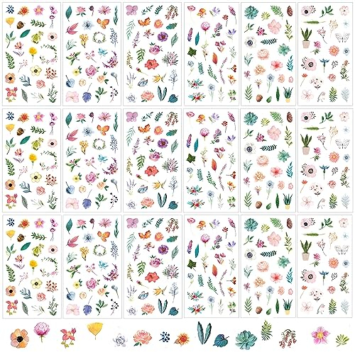 18 Blatt Sticker Blumen,Blumen Scrapbooking Aufkleber,Pflanzen Aufkleber,Unterschiedliche Muster Blumen Pflanzen Blätter Aufkleber für DIY Basteln Scrapbook Album Journals Fotoalbum