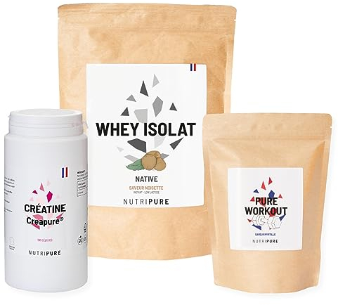 Nutripure | Pack Prise de Muscles | Whey Isolate Native + Créatine Monohydrate Gélules + Pre Workout (EAA, BCAA) | Idéal pour Musculation, Prise de Masse Musculaire, Fatigue Musculaire | Goût Noisette