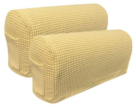 Skybook Armrest Chair Covers with 1 pocket Stretch Armchair Couch Arm Rest Cover Anti-Slip Spandex Polyester Sofa Chair Arm Caps Slipcovers for Furniture Protector Set of 2 (4pcs Beige Yellow)