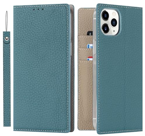 ELTEKER Hülle iPhone 12 Pro Max Handyhülle [Echtes Leder] Klapphülle mit Kartenfach,Schutzhülle Leder Hülle für iPhone 12 Pro Max-hellblau